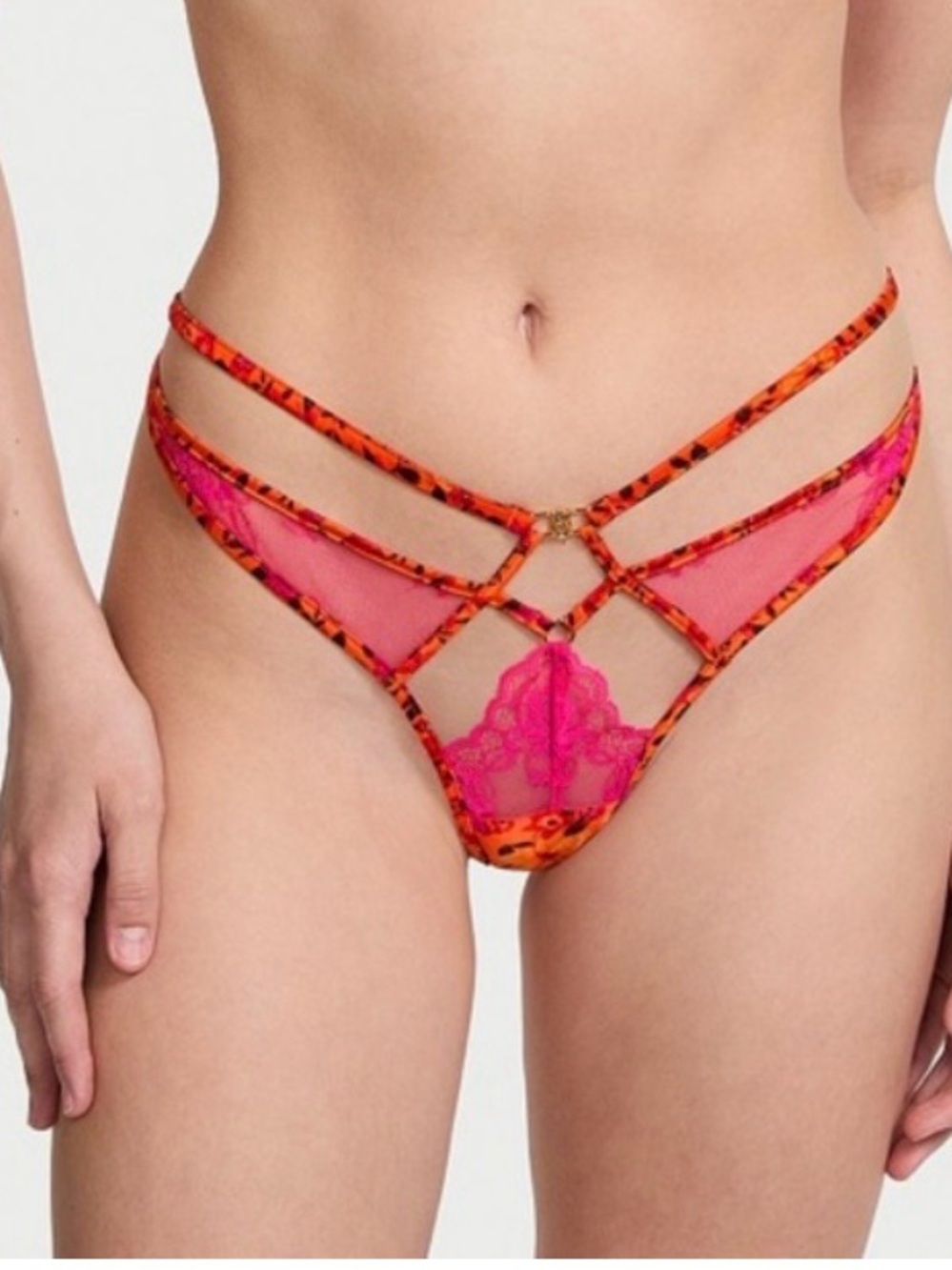 Victoria's Secret Strappy Lace Bikini Panty - Pink & Orange Animal Print